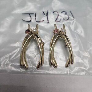 VINTAGE GOLD TONED WISHBONE PEARL / RHINESTONE PINS (2)